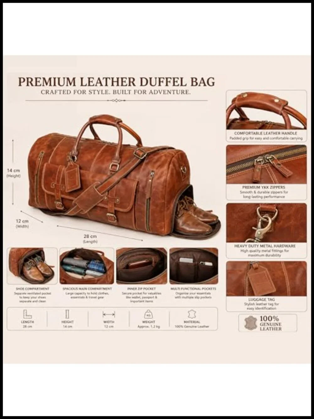 Handcrafted Leather Duffle Travel Bag Weekender Carry-on Men Women